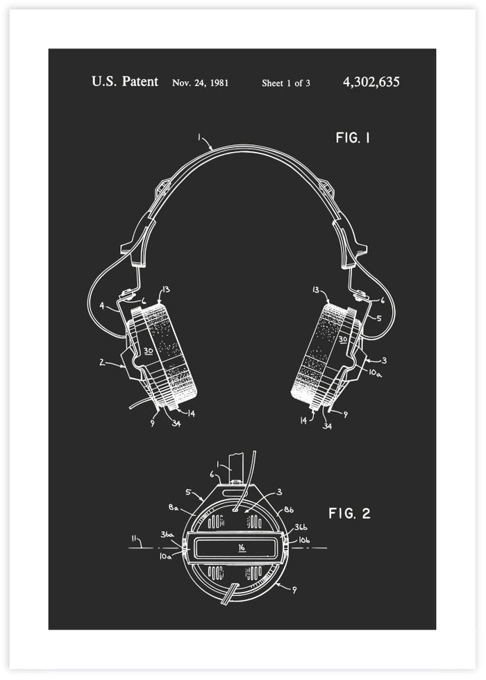 Headphones Patent - The Good Poster Co. - Paper Size : 29.7 x 42.0 cm A3