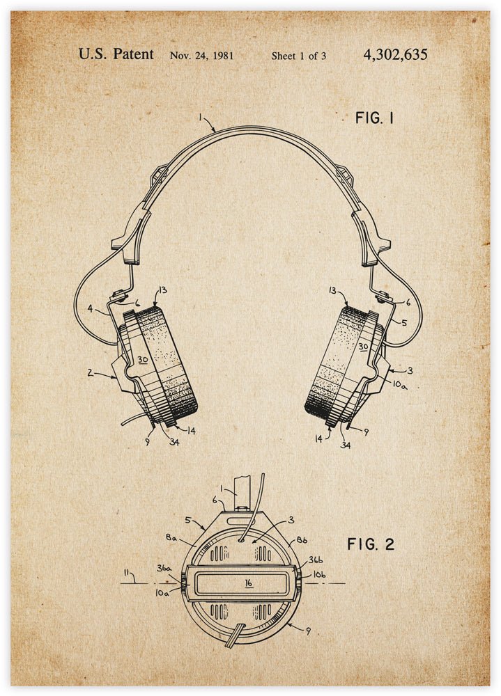 Headphones Patent Vintage - The Good Poster Co. - Paper Size : 29.7 x 42.0 cm A3