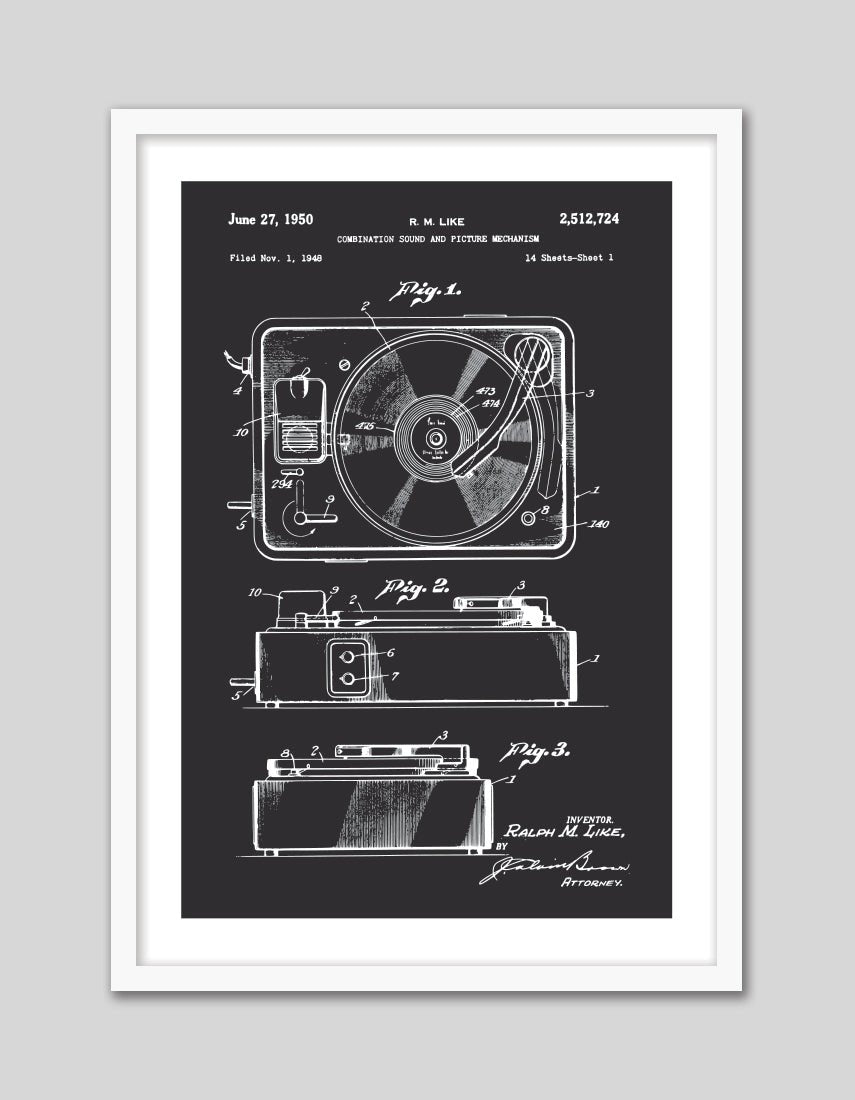 Record Player Patent - The Good Poster Co. - Paper Size : 29.7 x 42.0 cm A3