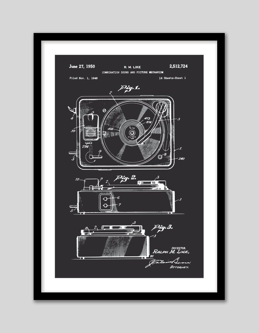 Record Player Patent - The Good Poster Co. - Paper Size : 29.7 x 42.0 cm A3