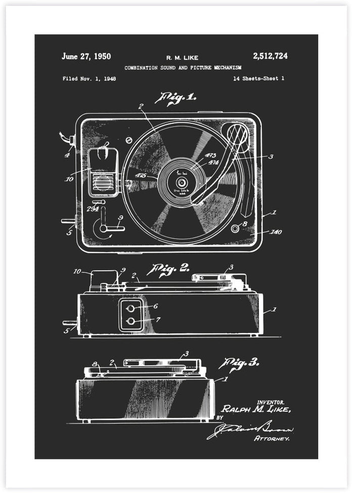 Record Player Patent - The Good Poster Co. - Paper Size : 29.7 x 42.0 cm A3